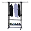Heavy Duty Double Garment Hanging Stand Clothes Rail Rack W/Shoe Storage Shelves