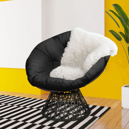 Rattan Papasan Chair Swivel Moon Round Leisure Chair Glider Deep Seat w/Cushion