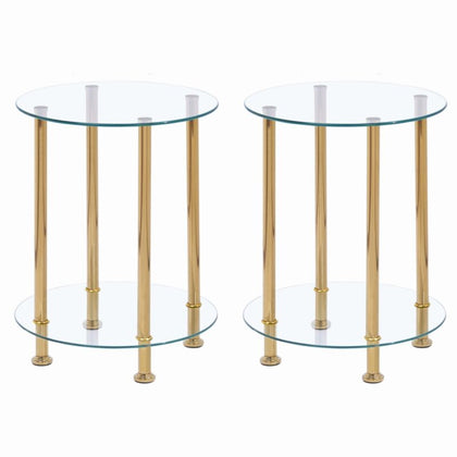 Pair of 2 Tier Round Clear Glass Sofa Side End Table Bedside Table Golden Tubes