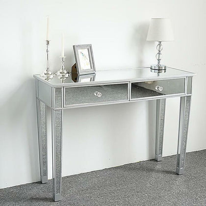 2-Drawers Glass Dressing Table Mirrored Bedroom Make-Up Console Vanity Table