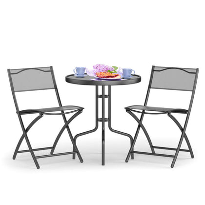 3PCS Garden Table Chairs Patio Tempered Glass Round Table Folding Chairs Outdoor
