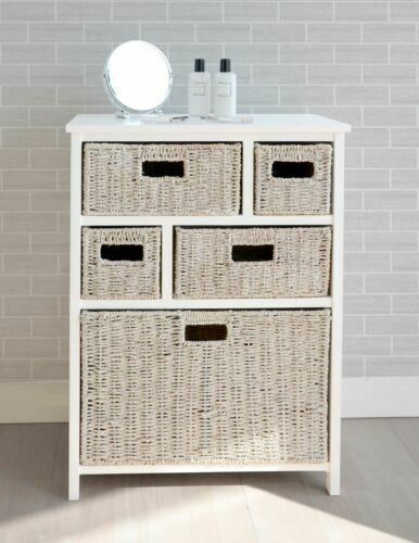 White Chest of Drawers Wooden Bathroom Hallway Storage 5 Basket AssembledTetbu