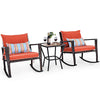 Outdoor 3 PCS Patio Rattan Wicker Rocking Bistro Set W/ Glass Table & Cushions