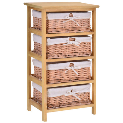 4 Drawer Wicker Basket Storage Shelf Unit Wooden Frame Home Natural