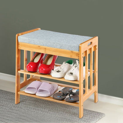 2 Tier 50cm Wood Shoe Bench Rack Storage Organizer for Hallway Living Room