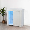 White Side End Table Wood Storage High Gloss Cabinet With LED Glass Living Room