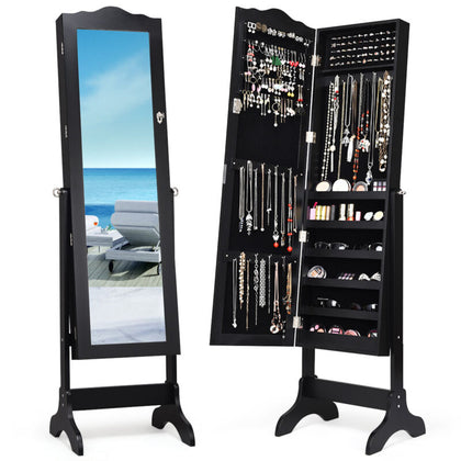 Free-Standing Jewelry Cabinet Lockable Jewelry Shelf W/ Angle Adjustable Mirror