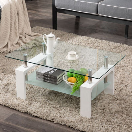 Tempered Glass Coffee Table with Shelf Rectangle White Wood Legs Livingroom