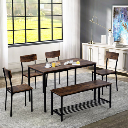 6Pc Kitchen Dining Table Chair and Bench Set Wooden Steel Frame Industrial Style