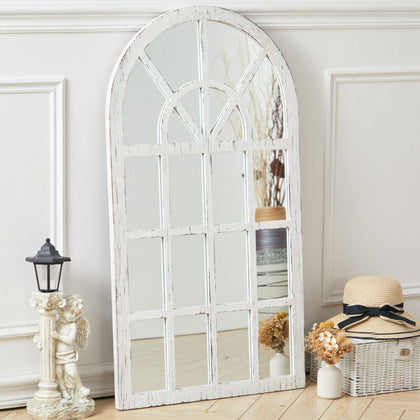 Large White Wooden Frame Window Style Mirror Vintage Garden Arched Mirror Decor