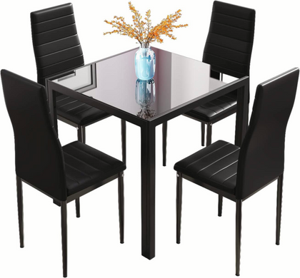 Small Space Dining Set 5Pcs Square Black Glass Dining Table+ 4 Dining Chairs Set