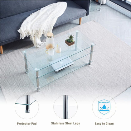 3 Tiers Clear Tempered Glass Coffee Table with Storage Shelves Stainless Steel