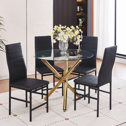 4x Black Faux Leather Dining Chairs & Round Clear Glass Dining Table Golden Legs