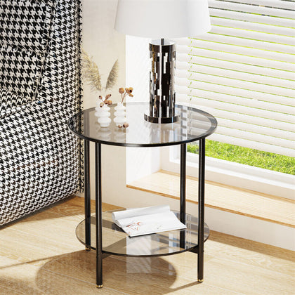 Round End Table Tempered Glass Round Side Table with Black Metal Frame Balcony
