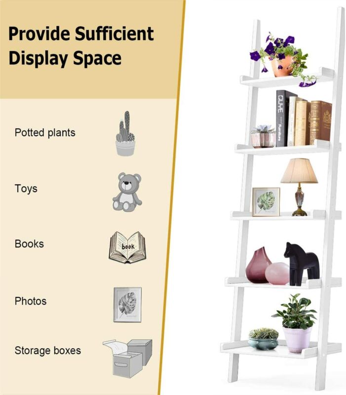 Mdf Ladder Rack Display 5 Tier Wooden Wall Rack Leaning Ladder Shelf Unit Bookcase Display MDF ...