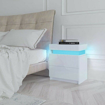 White High Gloss BedsideTable Cabinet Storage 2Drawers with LED Light Modern UK