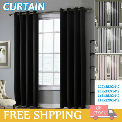 Heavy Thick Thermal Blackout Curtains Eyelet Ring Top Ready Made Curtains Pair