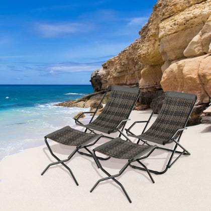 Outdoor Portable Beach Chair Patio PE Wicker Rocking Chair w/ Ottoman & Armrests