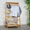 Hallway Bedroom Bamboo Clothes Rail 3 Tiers 2 Side Hooks Bags Coat Stand Hanger