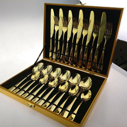24pcs Luxury Cutlery Set Stainless Steel Knife Spoon Fork Teaspoons Canteen Gold