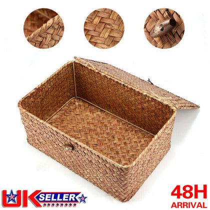 SMALL WICKERS STORAGE BASKET BOX WITH LID & LOCK WOVEN WICKER LANDRY HAMPER GIFT