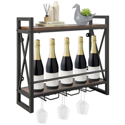 Wall Mounted Wine Rack 2-Tier Wine Storage Shelf Industrial Wine Bottle Holder