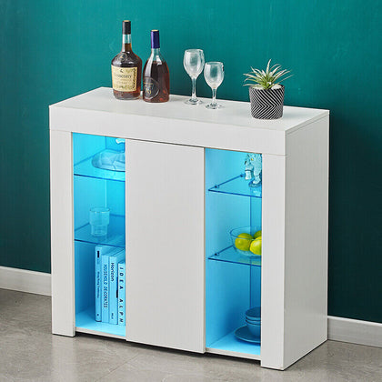 High Gloss Door Sideboard Cabinet Cupboard Organizer LED Glass Shelf Buffet