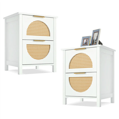 2 Drawer Rattan Bedside Tables Set of 2 Cabinet Bedroom Storage Nightstand NS