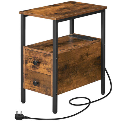 Side Table Bedside Table with Charging Station Nightstand for Small Space
