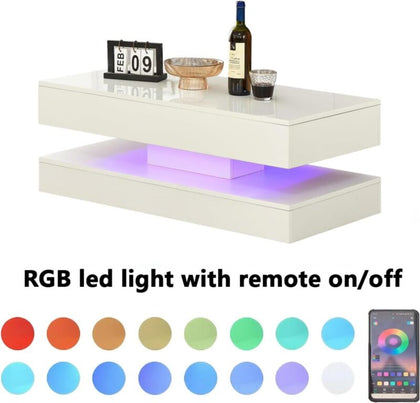 LED Coffee Table Wooden 2 Drawer Storage High Gloss Modern Living Room Furniture