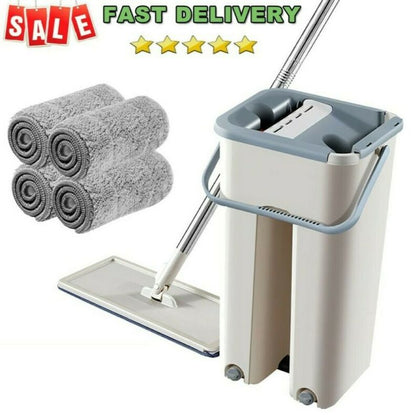 Floor Mop Set Bucket Microfiber Cleaning Flat Squeeze Hand Free Washing Lazy Mop