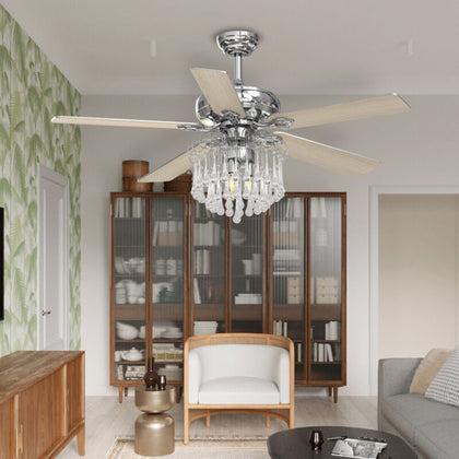 Modern Ceiling Fan Light Home Crystal Pendant LED Lamp With Timer Remote 52 Inch