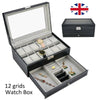 12 Grids Leather Watch Box Case Jewelry Collection Storage Holder Glass Display