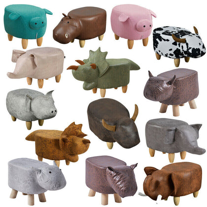 Lovely PU Animal Footstools Padded Stools Ottomans Wood Legs Kids Toy Gift