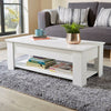 White Wooden Coffee Table With Lift Up Top Storage Area and Magazine Shelf