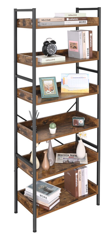 6-Tier Bookshelf Storage Shelf Stand Metal Frame Wooden Floor Brown Height 177cm