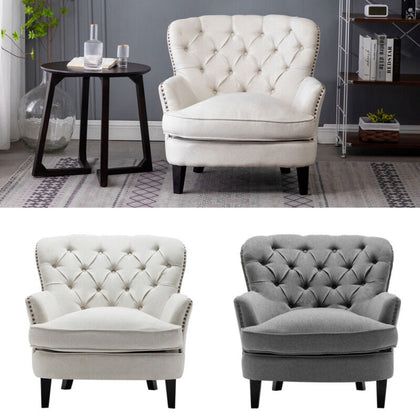 Deep Button Single Sofa Queen Anne Linen/Velvet Armchair Cuddle Chairs w/ Rivets