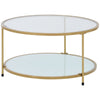 Round Glass Coffee Table with Golden Metal Legs & Shelf - Living Room Furniture