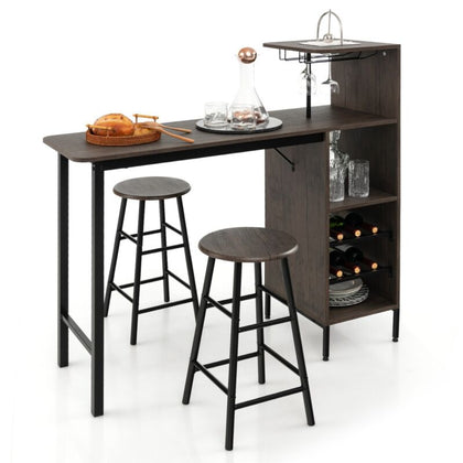 3 PCS Kitchen Dining Table Set Industrial Pub Table & Stools w/ Storage Shelves