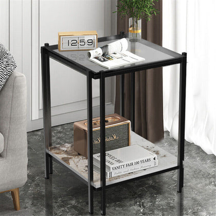 Open Sofa Coffee Side Table Tempered Glass Tabletop Snack Desk w/ Display Shelf