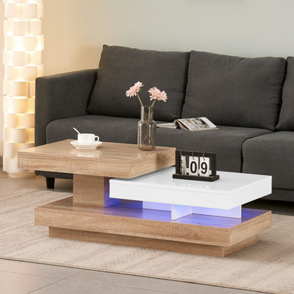 Rotating Gloss Coffee Table In White And Oak Effect with LED Light Center Table