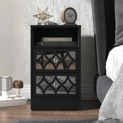 Black Bedside Table Tall Wooden Cabinet Open Storage Shelf 2 Mirrored Drawers