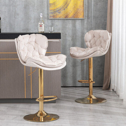 Set of 2 Velvet Bar Stools Adjustable Height Swivel Tufted Pub Bar Chairs QN