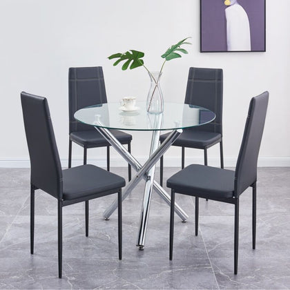 Round Tempered Glass Dining Table 4x Black Faux Leather Dining Chairs Diningroom