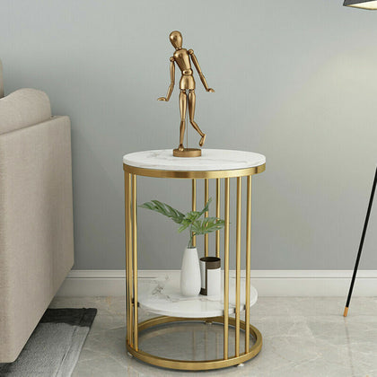 2 Tier Round Side Coffee Table with Gold Metal Frame Marble-Effect Top Sofa Room