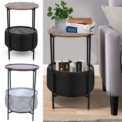 Side Table Sofa End Tables w/Antique Wood Tabletop Fabric Storage Living Room