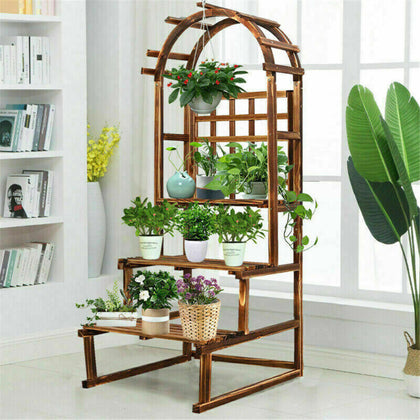 3 Tier Large Wooden Garden Plant Stand with Arch Lattice Trellis Climbing Plants