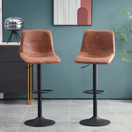 Set of 2 Bar Stools Adjustable Height Swivel PU Leather Bar Chairs Brown Modern