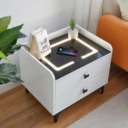 White Bedside Table Cabinet LED Wireless Charging Nightstand 2 drawer High Gloss