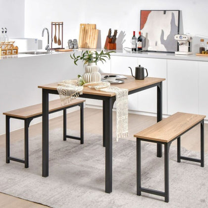 3PCS Kitchen Dining Table Set Industrial Breakfast Table &2 Benches Space-Saving